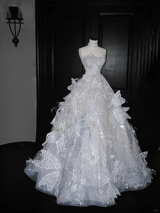 Unique A Line Strapless 3D Butterfly Sequin White Tulle Prom Dress Party Dress DP2685