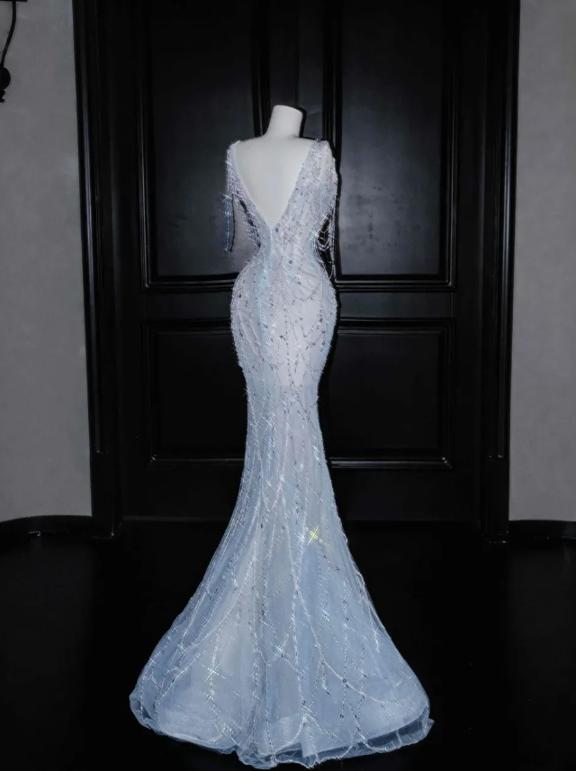 Blue Mermaid V Neck Rhinestone Tulle Long Prom Dress Party Dress DP2755