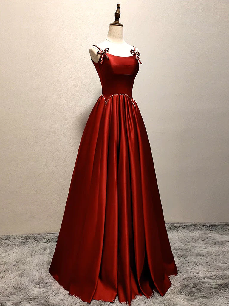 Red Satin Beaded Long A Line Prom Dress DP052
