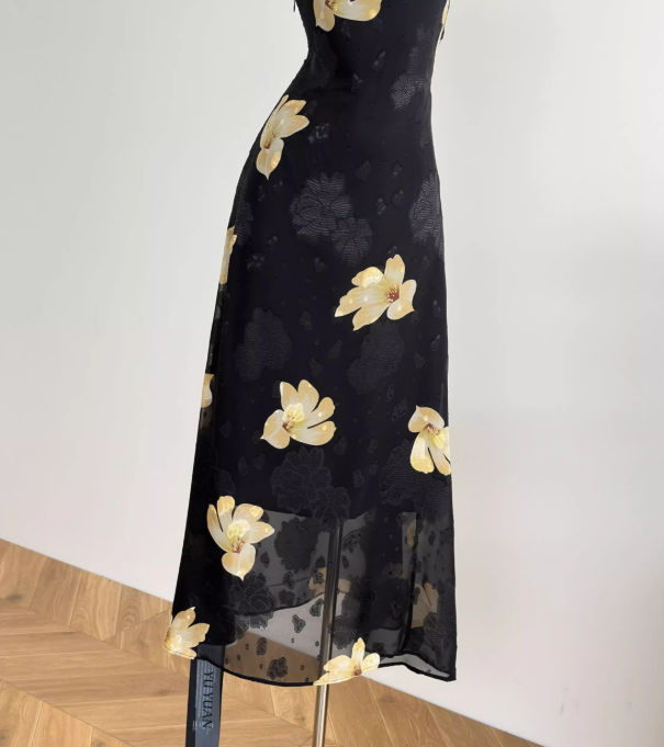 Black A Line Spaghetti Straps Yellow Floral Chiffon Vacation Dress Prom Dress Outfits DP3551