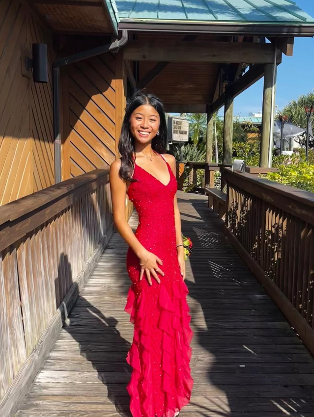 Red Exquisite Beaded Ruffle Flowy Chiffon Formal Party Dress Prom Dress Date Dress DP3003