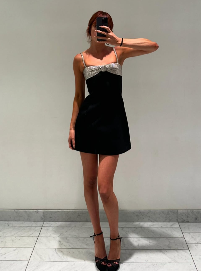A Line Spaghetti Strap Silver Sequin Black Satin Homecoming Dress Cocktail Dress DP3163
