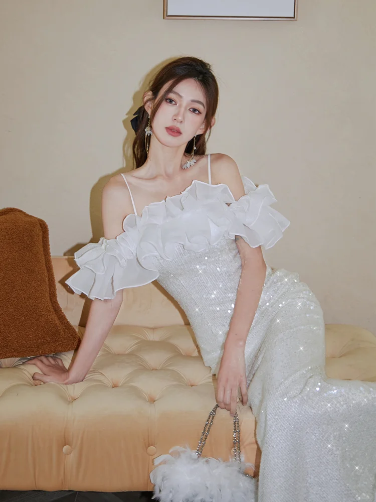 Shiny Mermaid Spaghetti Strap Ruffle Sequin Prom Dress Party Dress DP2514