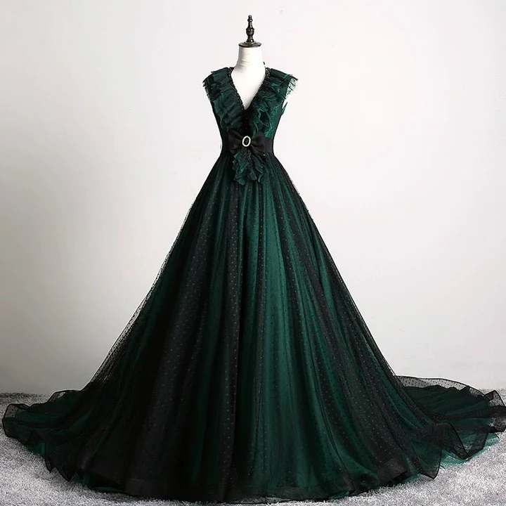 Gothic Forest Green Tulle Ball Gown Ruffles V Neck Long Prom Dress DP453