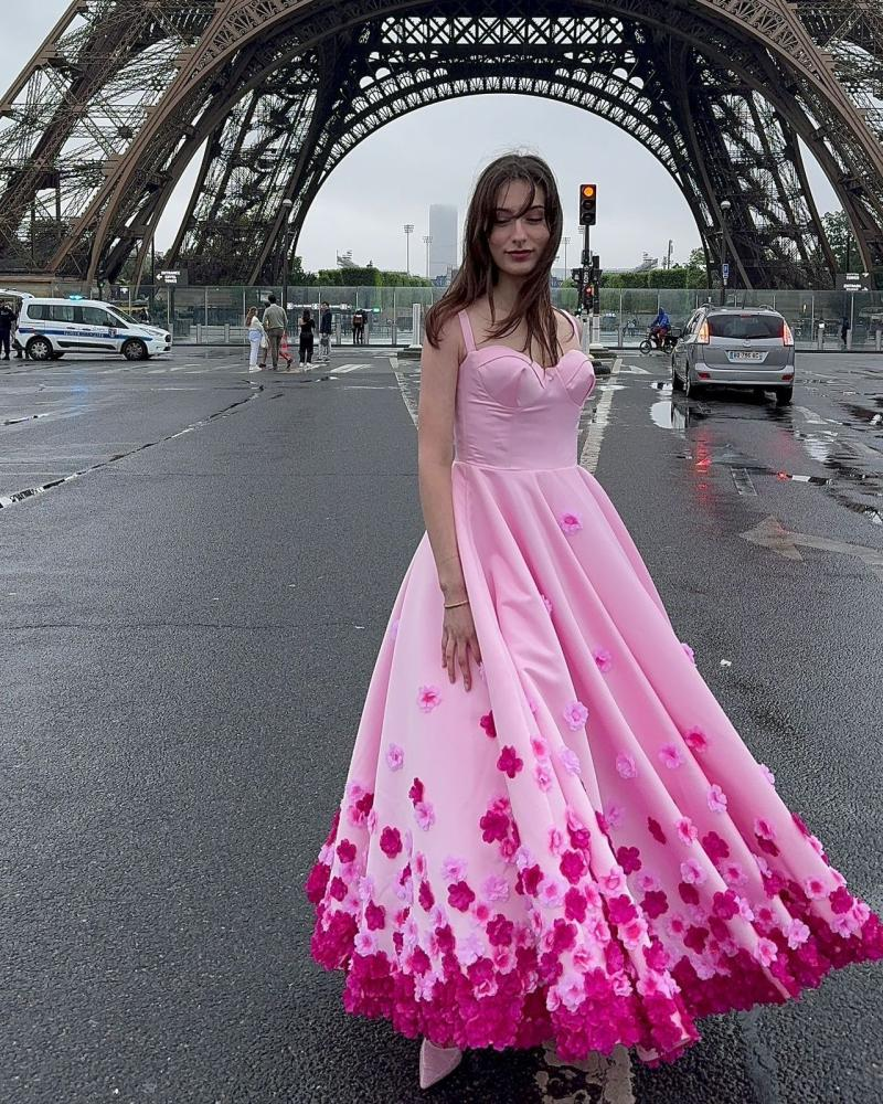Pink Ombre Floral A Line Straps Satin Prom Dress 16th Birthday Dress Formal Dress DP3200