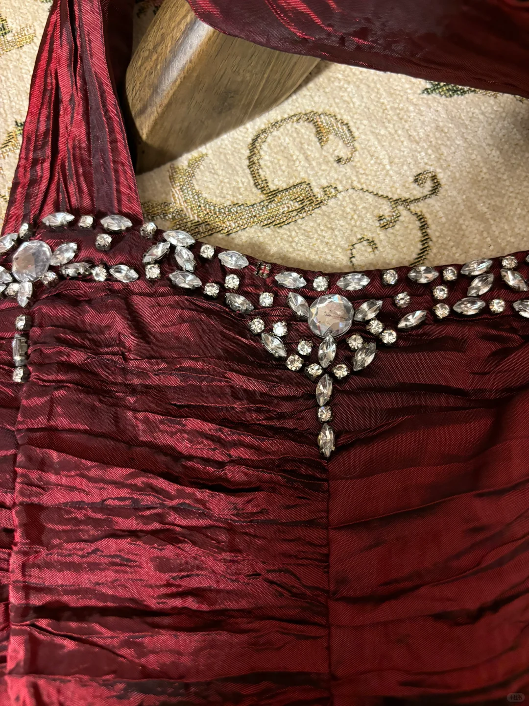 Burgundy Retro A Line Halter Pleated Beaded Satin Homecoming Dress Cocktail Dress DP3179