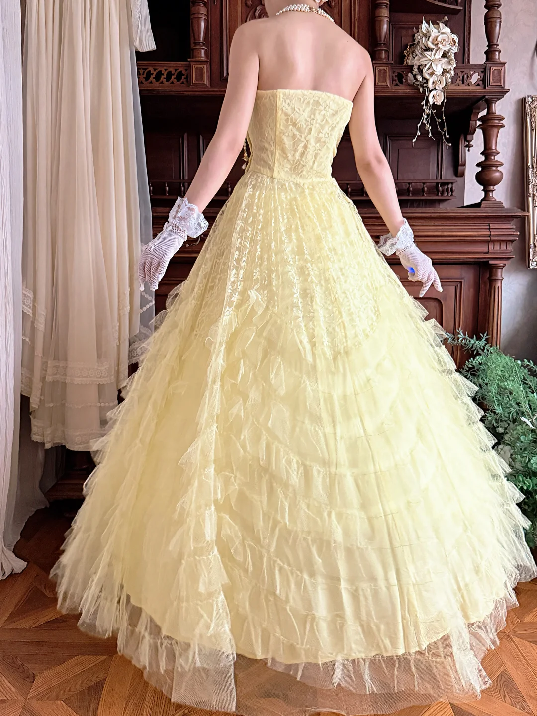 Vintage Yellow A Line Sweetheart Neck Lace Prom Dress Evening Dress DP8248