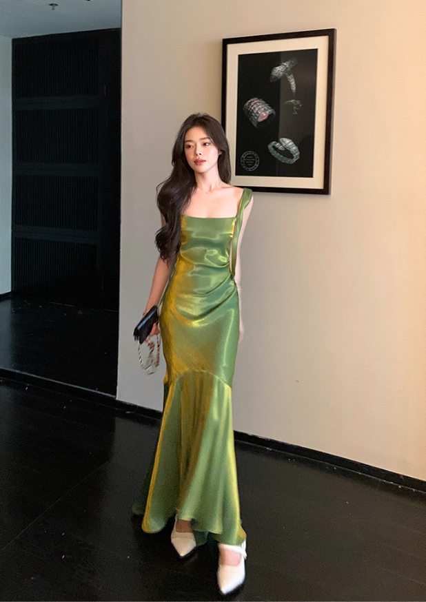 Shiny Green Mermaid Straps Satin Prom Dress Formal Dress Evening Dress DP3454