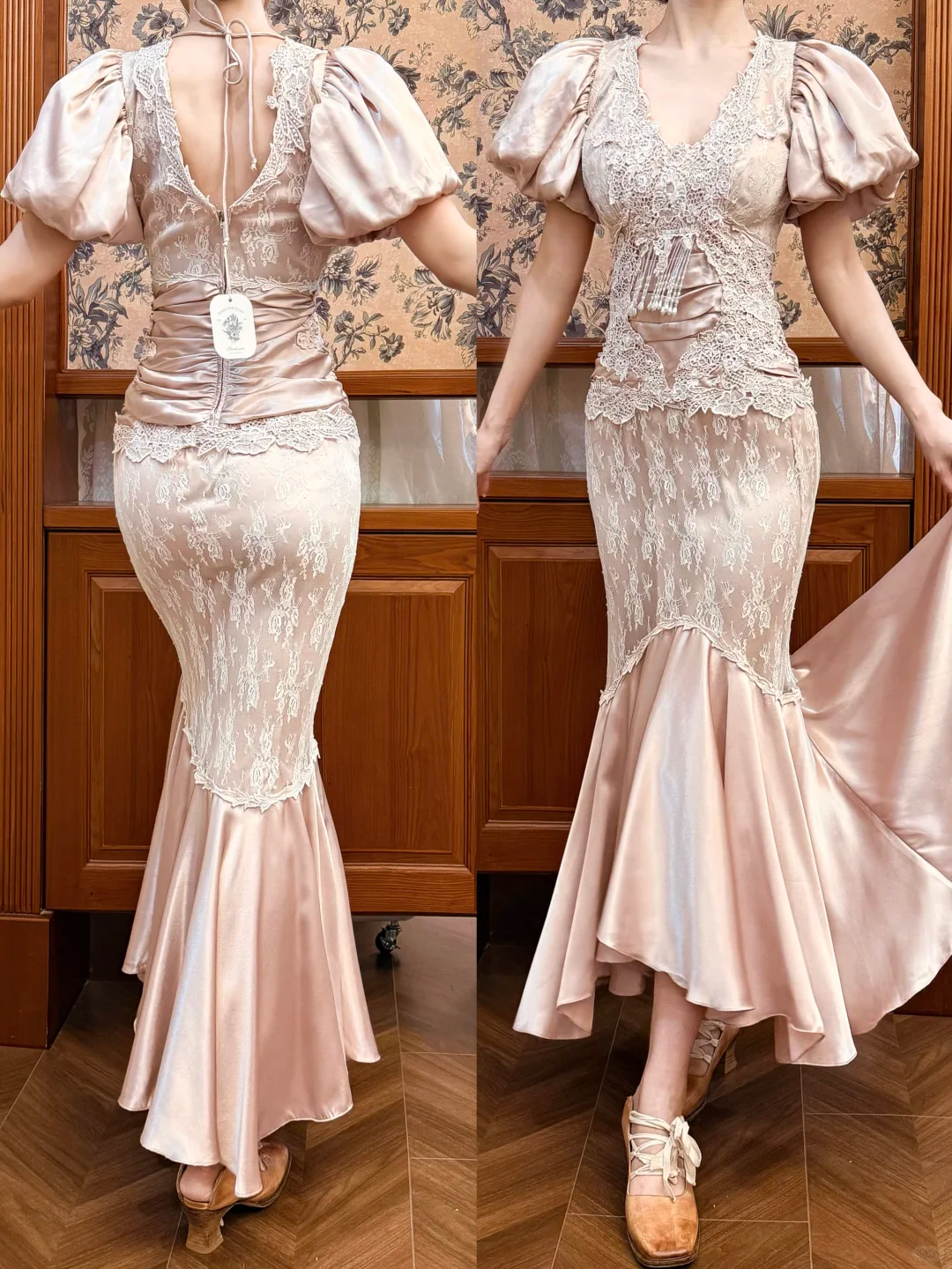Vintage Light Pink Mermaid Puff Sleeve Lace Satin Prom Dress Evening Dress DP5415