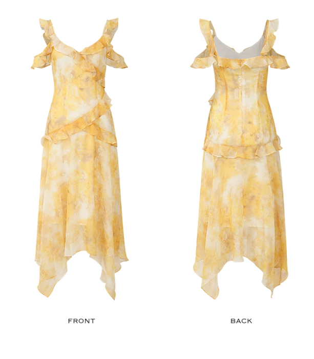 Pretty A Line Spaghetti Strap Ruffle Yellow Chiffon Summer Dress Vacation Dress Outfits DP3655