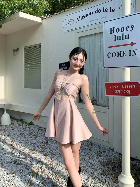 Pink A Line Halter Rhinestone Satin Open Back Mini Homecoming Dress Cocktail Dress DP2617