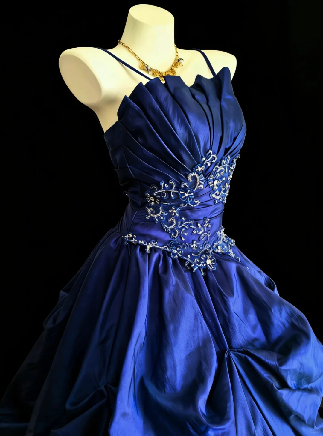Vintage A Line Spaghetti Straps Beaded Dark Blue Satin Prom Dress Evening Dress DP4725