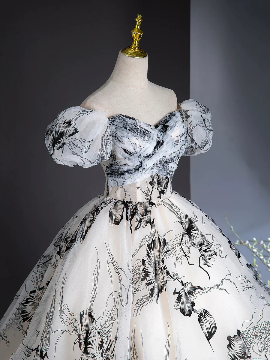 Elegant Printing Floor Length Prom Dress Off the Shoulder Puffy Short Sleeves Ball Gown DP310