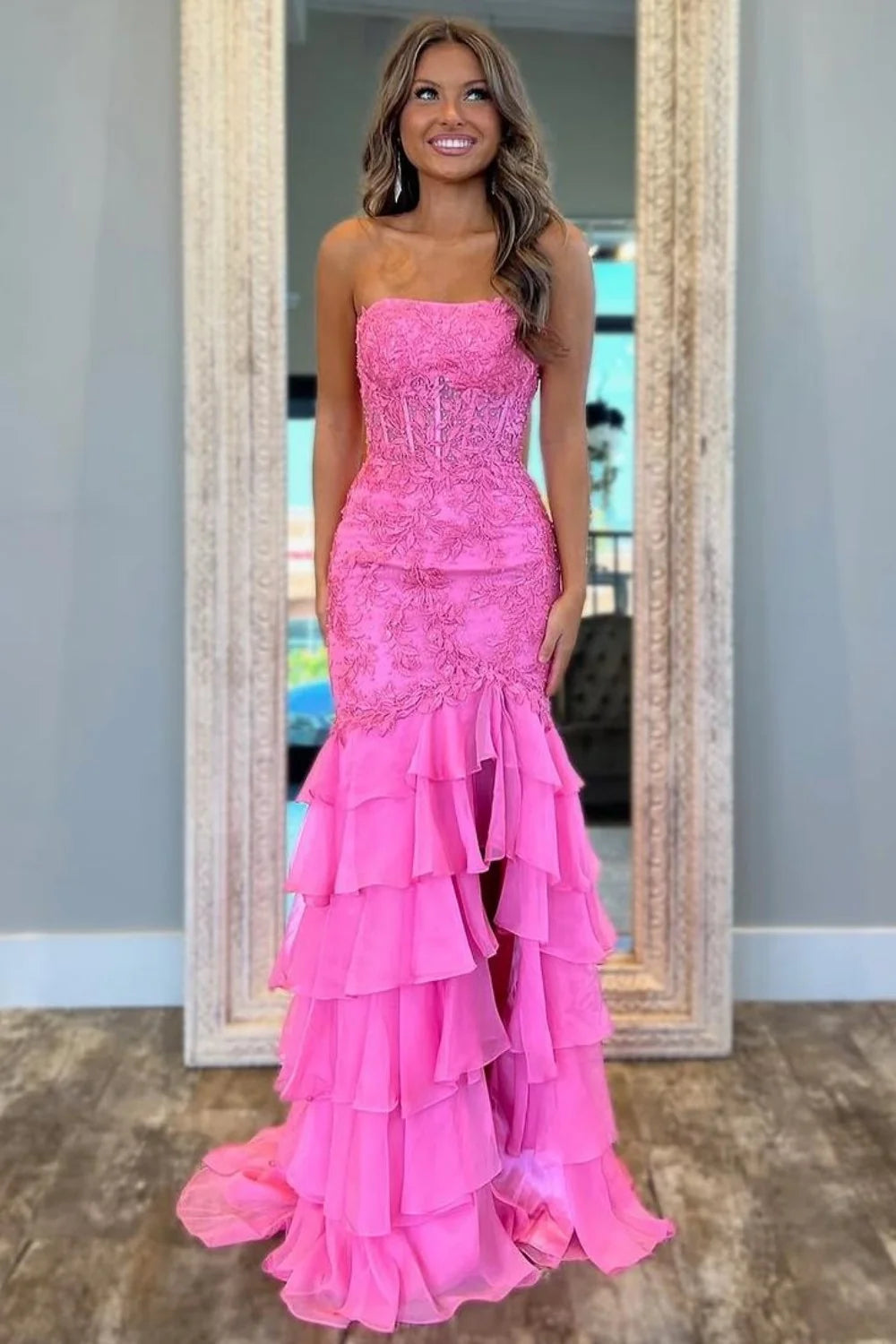 Pink Mermaid Strapless Lace Top Long Tiered Prom Dress DP7716
