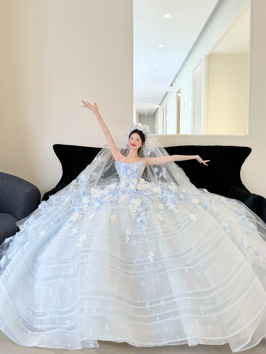 Blue Ball Gown Strapless Floral Tulle 16th Birthday Dress Prom Dresses DP4200