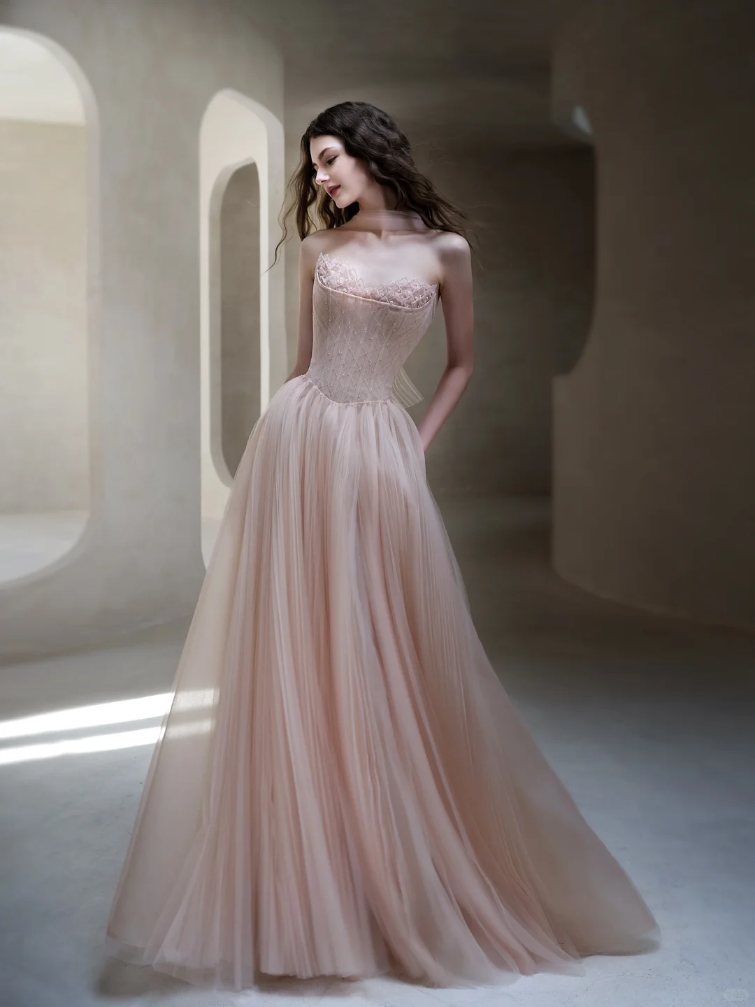 Light Pink A Line Strapless Beaded Tulle Long Date Dress Prom Dress Evening Dress DP3432