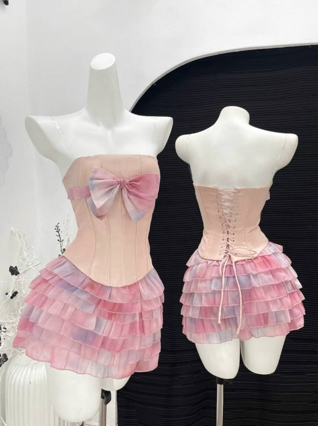Pink Dreamy Layered Chiffon Satin Short Homecoming Dress Date Dress with Bow DP2955
