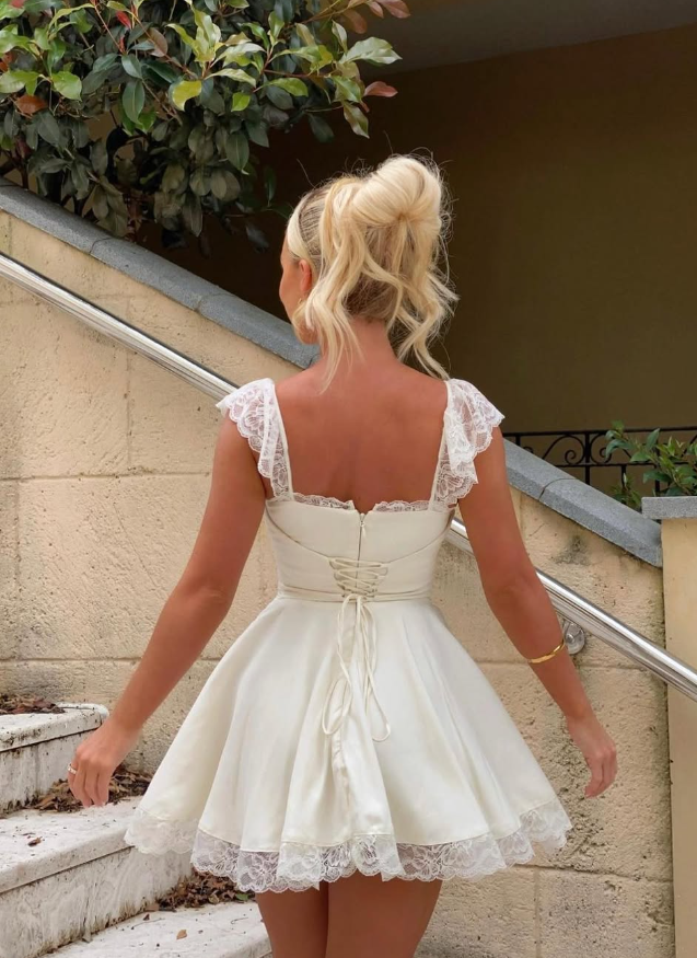 Cute A Line Straps Ivory Lace Satin Short Homecoming Dress Outfits DP1433