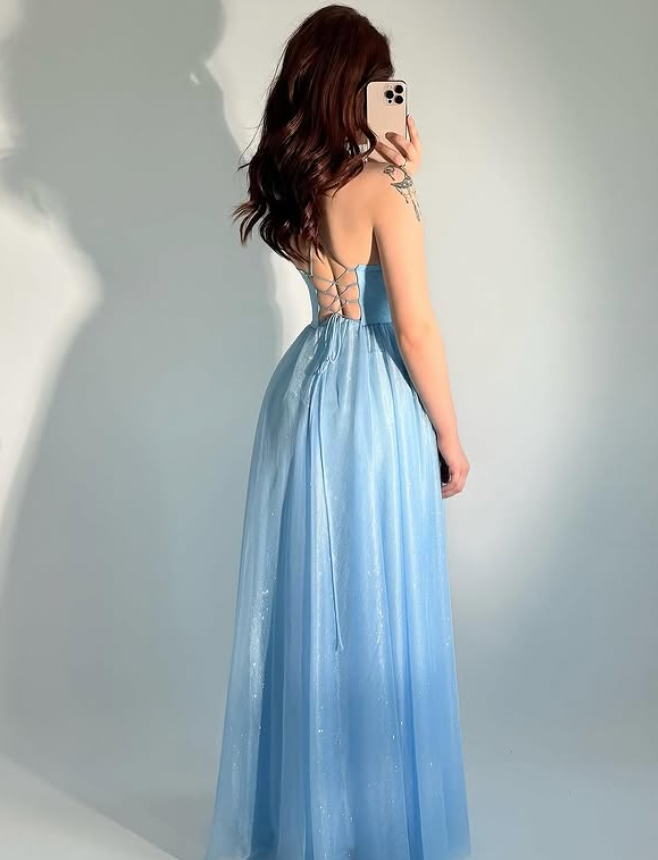 Elegant Blue A Line Spaghetti Strap Organza Long Prom Dress Wedding Guest Dress DP4076