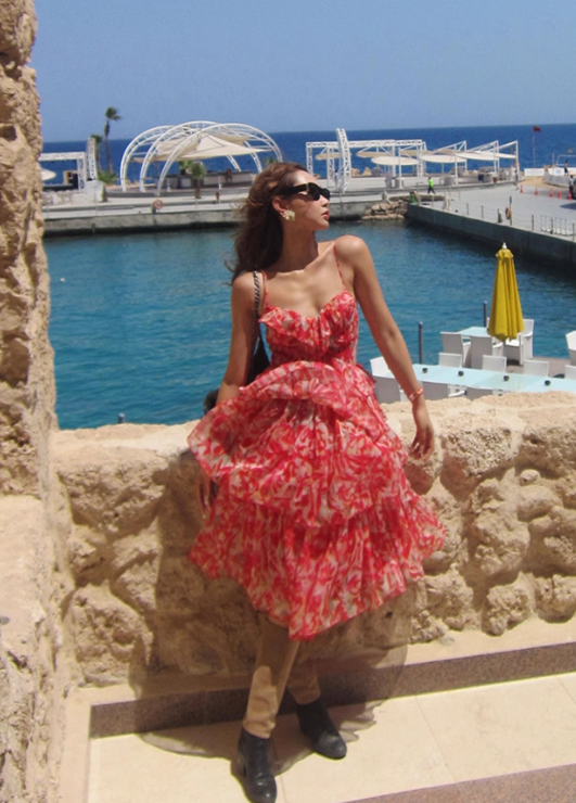 Red Print Floral A Line Spaghetti Strap Layered Chiffon Short Homecoming Dress Vacation Dresses DP3643