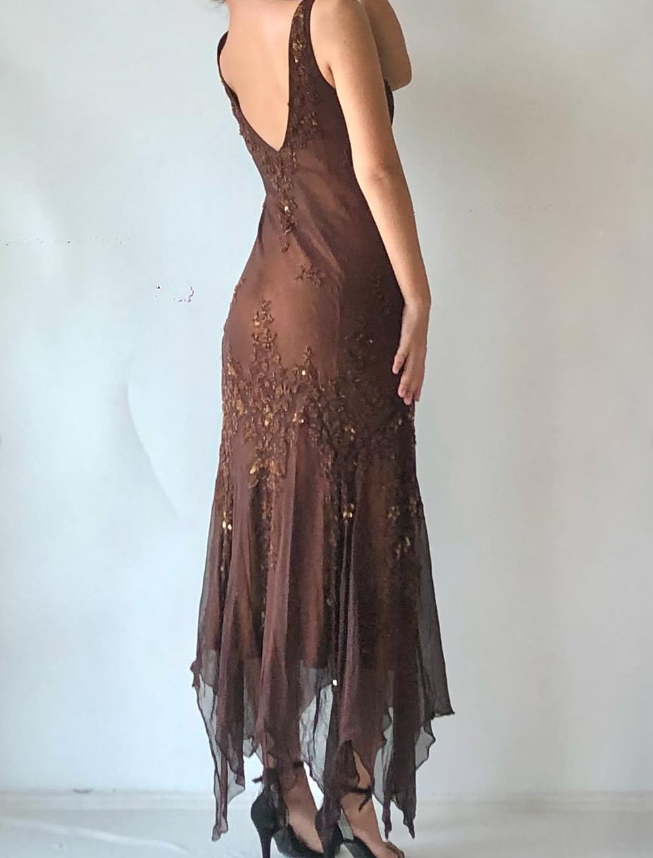 Vintage Mermaid V Neck Beaded Sequin Brown Chiffon Prom Dress Evening Dress DP1733