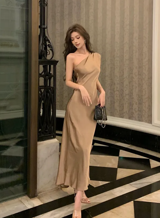 Simple A Line One Shoulder Brown Satin Long Prom Dress Evening Dress DP4262