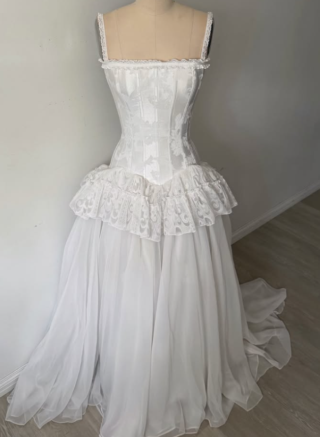 Vintage White A Line Spaghetti Strap Print Satin Chiffon Long Prom Dress Evening Dress DP7884