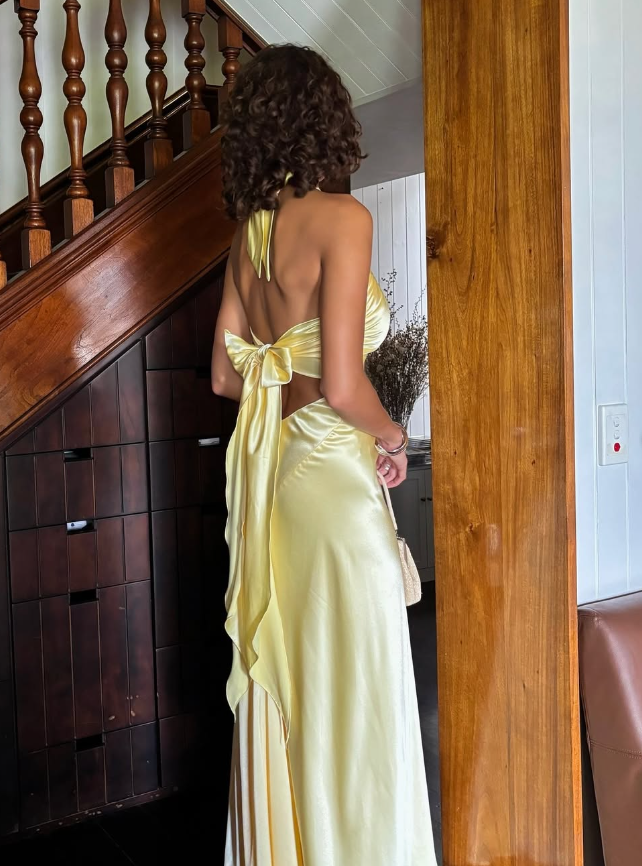 Elegant A Line Halter Yellow Bow Satin Open Back Prom Dress Graduation Prom Dress DP2167