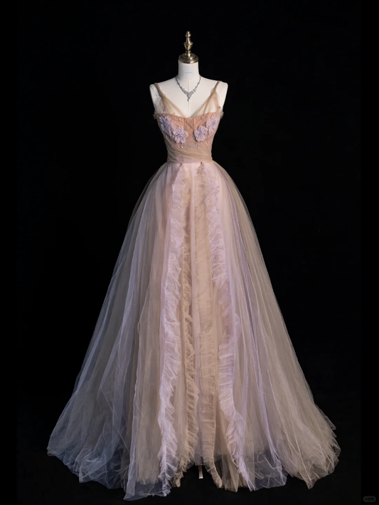 Gentle A Line Spaghetti Strap Flower Tulle Long Prom Dress Party Dress DP2517