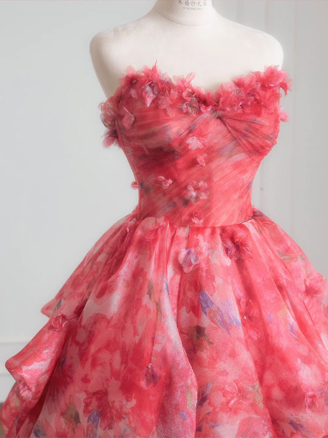 Princess Ball Gown Sweetheart Neck Print Floral Chiffon Prom Dress 16th Birthday Dress DP3874
