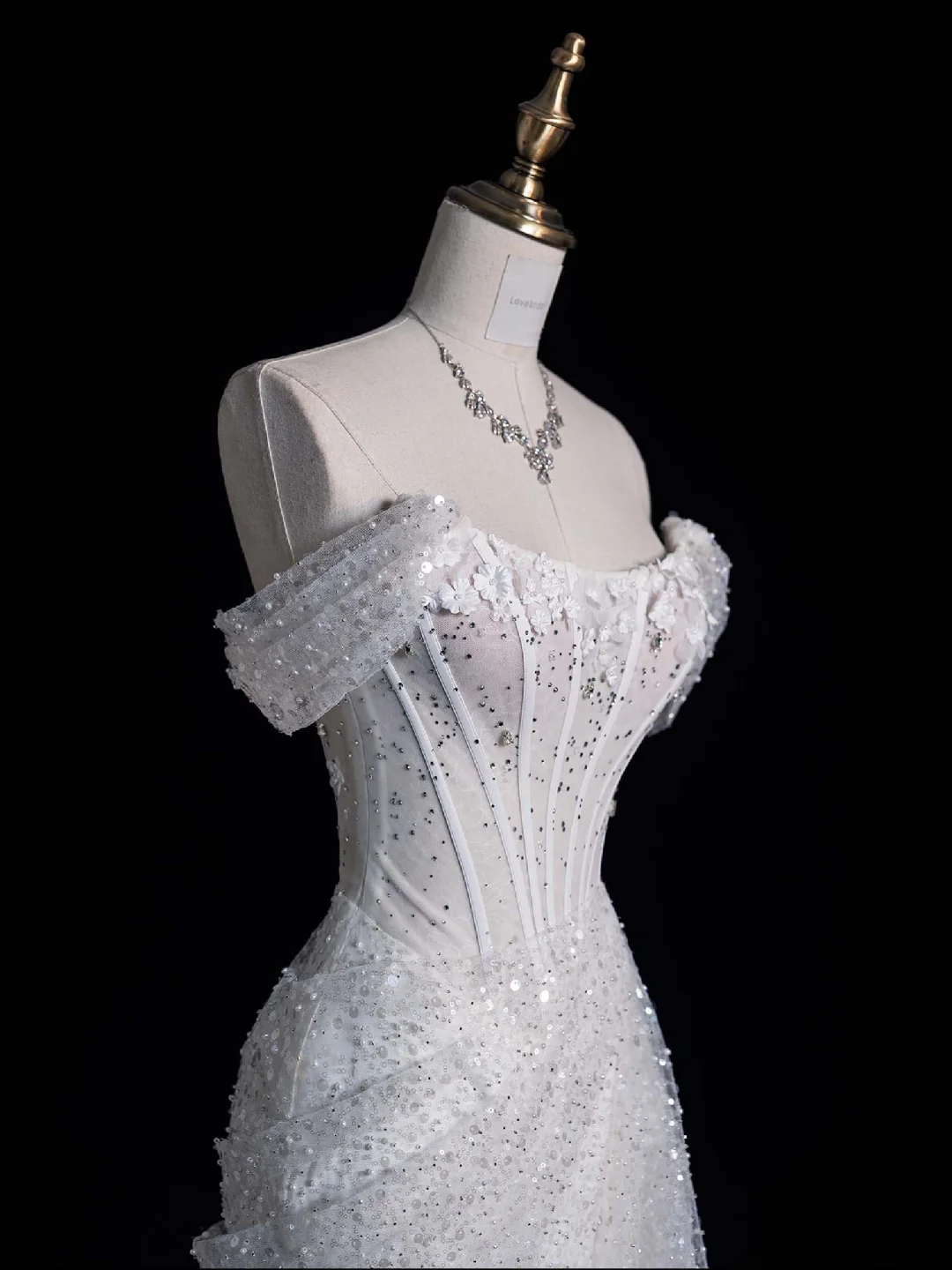Shiny Mermaid Off the Shoulder Sequin Flower Rhinestone White Tulle Long Evening Dress Party Dress DP2298