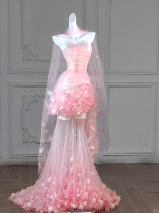 Pink Mermaid Strapless 3D Flower Corset Tulle Long Party Dress Evening Dress DP2593