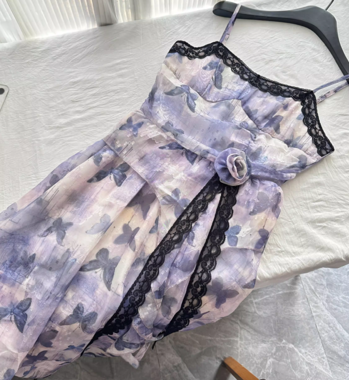 Purple Butterfly A Line Spaghetti Strap Ruffle Chiffon Vacation Dress Summer Dress Outfits DP3559