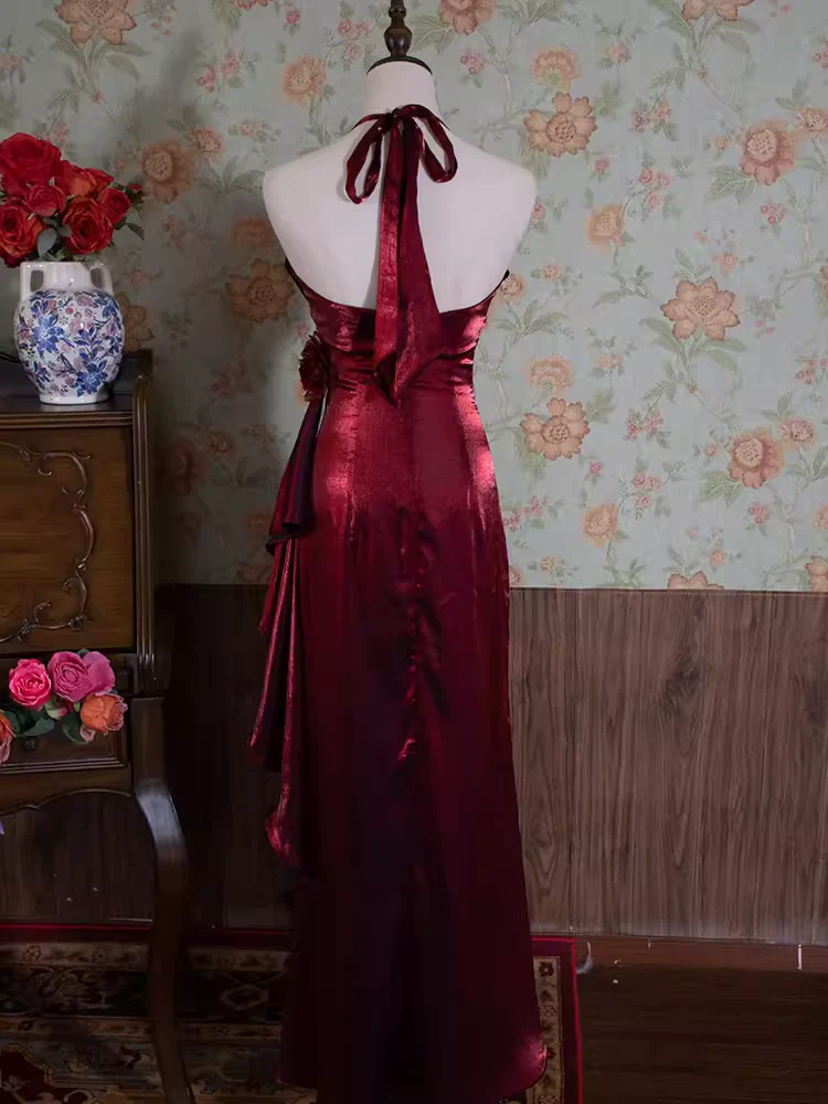 Burgundy Mermaid Halter Flowers Chiffon Long Prom Dress DP297