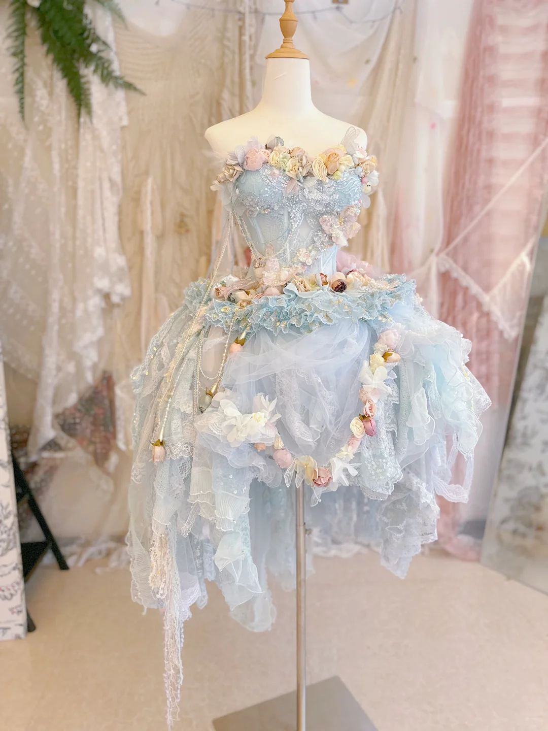 Baby Blue Ball Gown Sweetheart Neck Floral Beaded Tulle Short Prom Dress 18th Birthday Dress DP4150