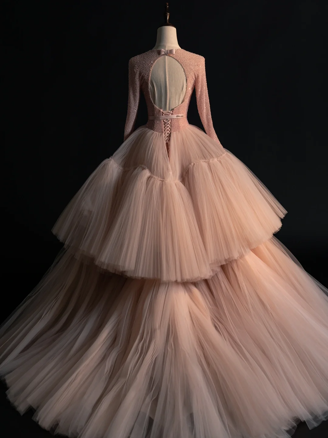 Unique A Line V Neck Long Sleeve Pink Sequin Tulle Prom Dress Evening Dress DP2178