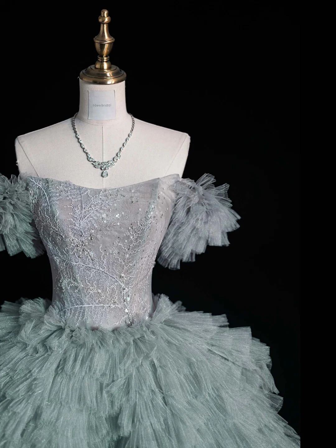 Green Ball Gown Off the Shoulder Lace Beaded Tulle Long Prom Dress Graduation Prom Dress DP2268