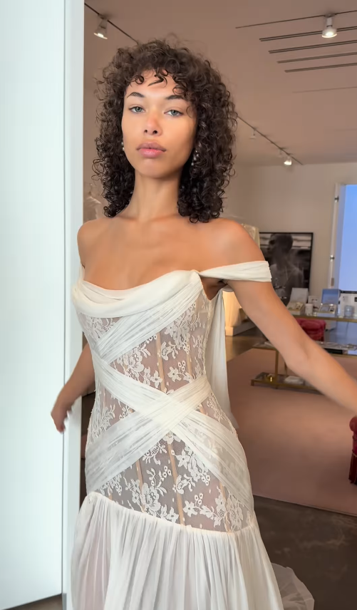 A Line Off the Shoulder White Chiffon Lace Long Wedding Dress with Slit DP4330