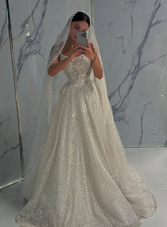 Shiny Ball Gown Spaghetti Strap Beaded Sequin Tulle Long Prom Dress Wedding Dress DP6068