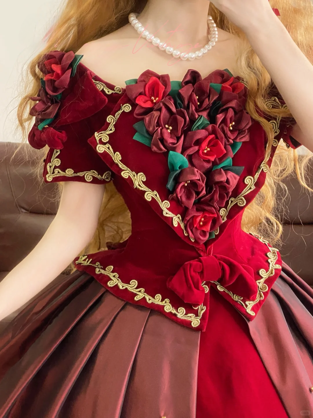 Vintage Ball Gown Floral Burgundy Satin Velvet Prom Dress 22 Birthday Dress DP4074