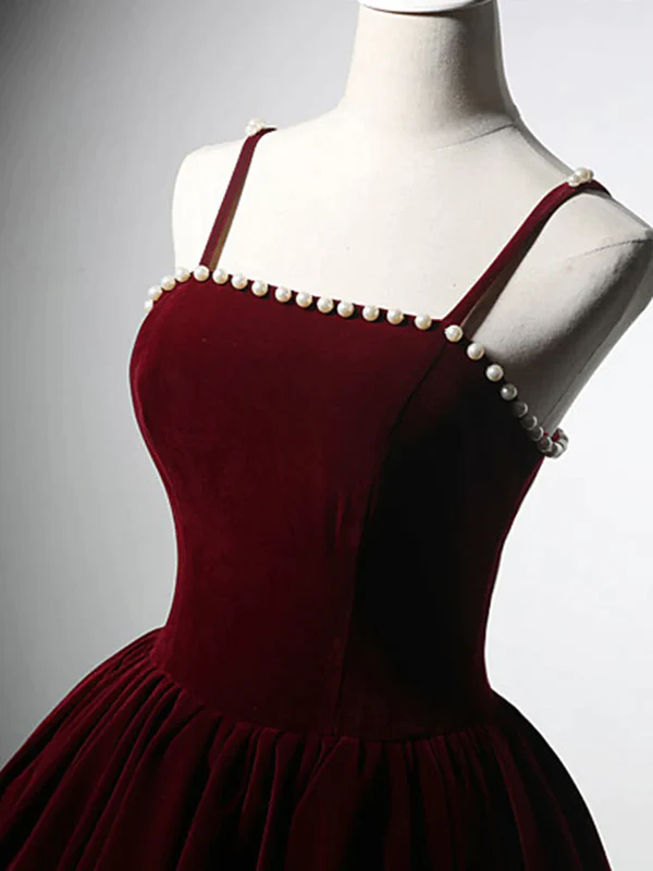 Simple A-Line Velvet Burgundy A Line Prom Dress DP070