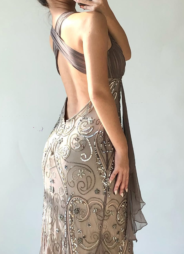 Vintage Mermaid Strap Sequin Brown Chiffon Long Prom Dress Evening Dress DP1753