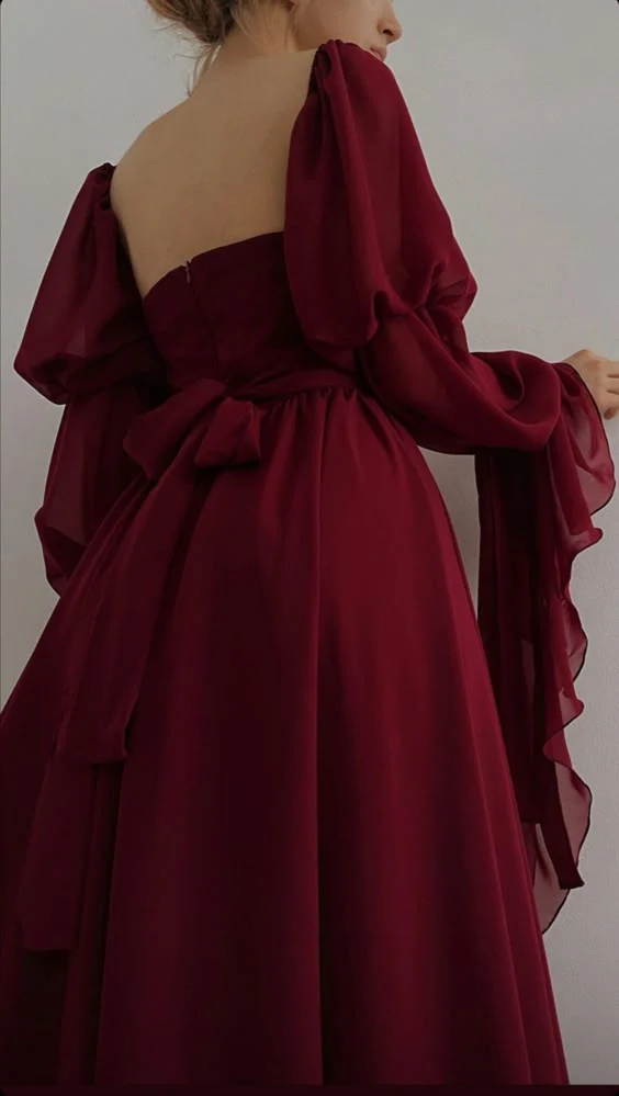Romantic A-Line Vintage Burgundy Chiffon A Line Long Prom Dress Party Dress Outfits DP668
