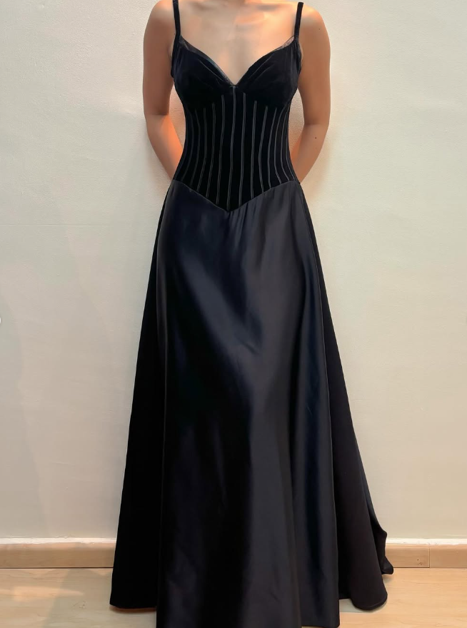 Charming A Line Spaghetti Strap Corset Velvet Satin Long Prom Dress Evening Dress DP1601