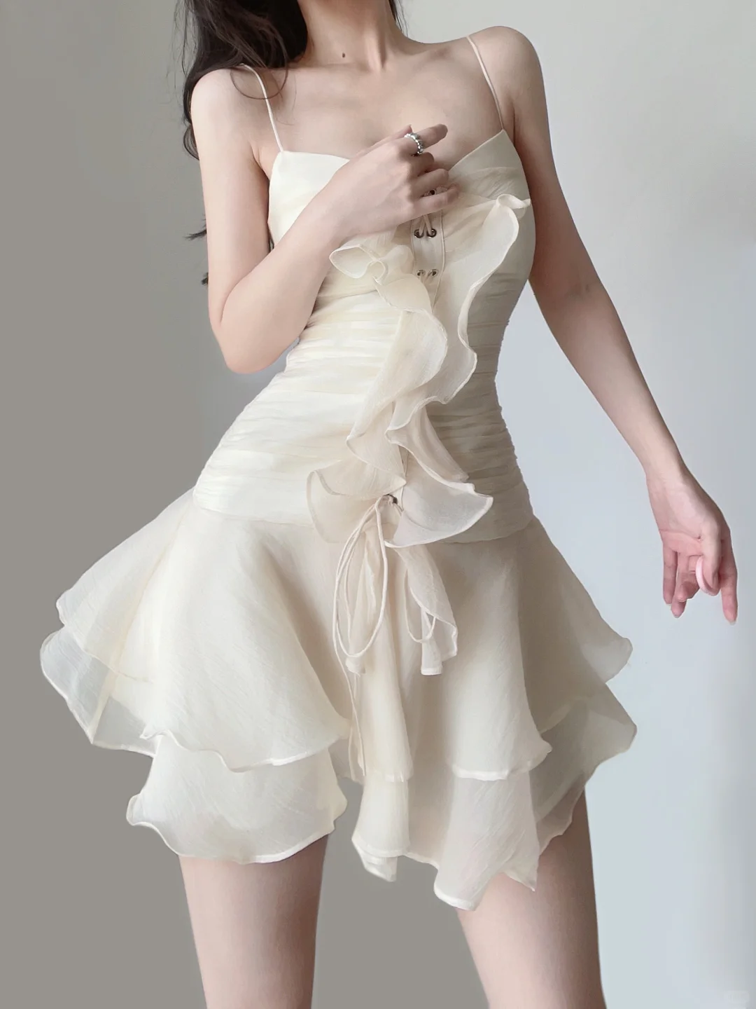 Ivory A Line Spaghetti Strap Layered Chiffon Short Homecoming Dress Cocktail Dress DP2662
