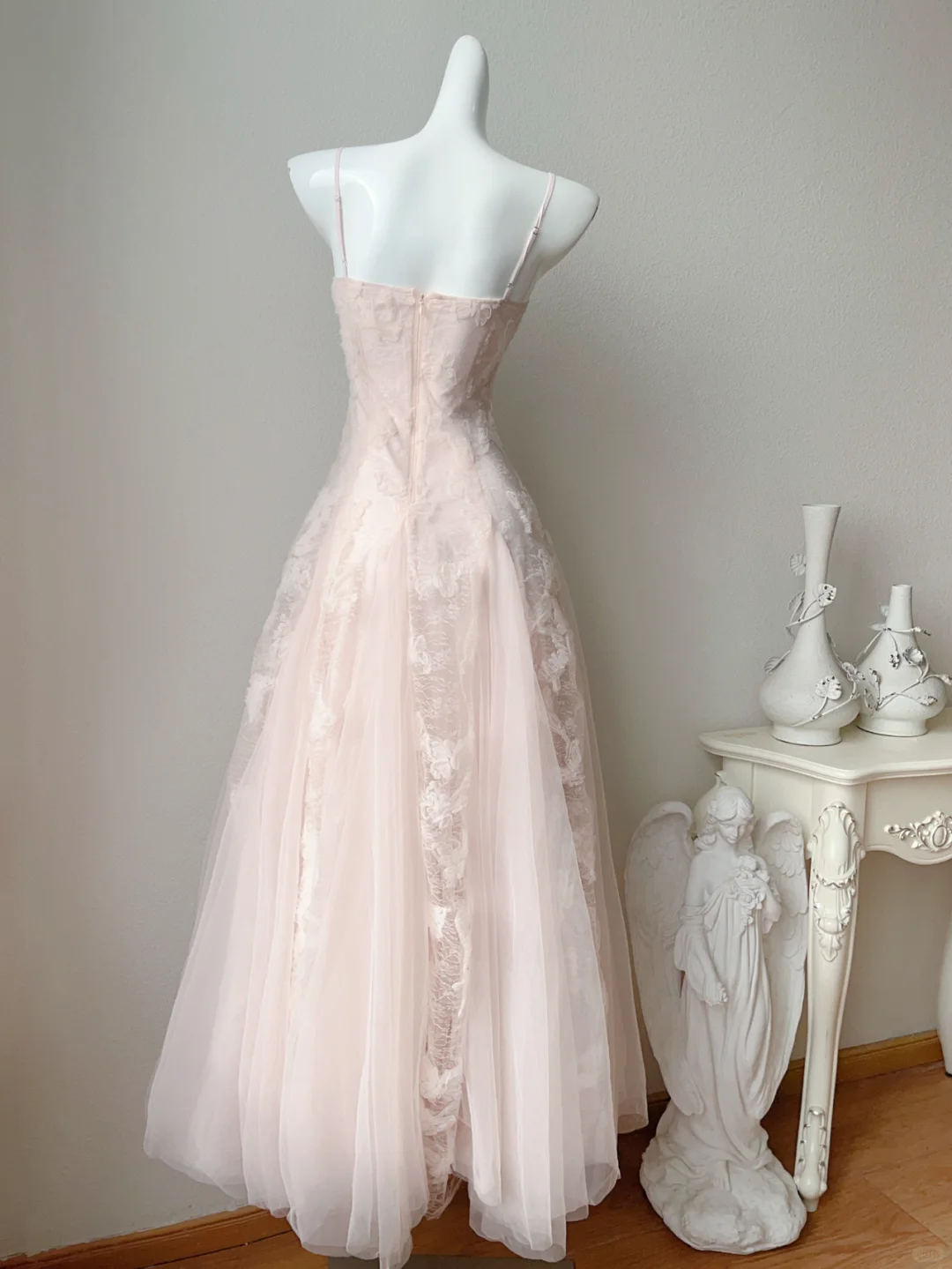 Gentle A Line Spaghetti Straps Light Pink Appliques Tulle Party Dress Cocktail Dress DP2706