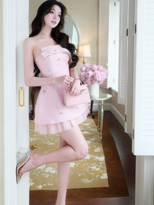 Pink A Line Strapless Bow Rhinestone Tulle Satin Short Homecoming Dress Cocktail Dress DP3948