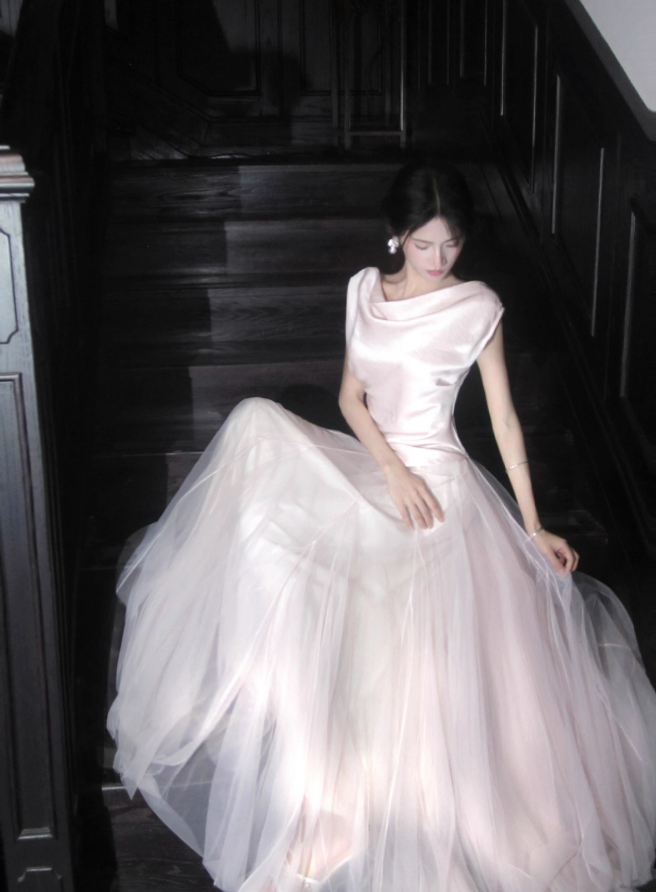 Gentle Light Pink Ball Gown Tulle Satin Prom Dress 16th Birthday Dress DP3569