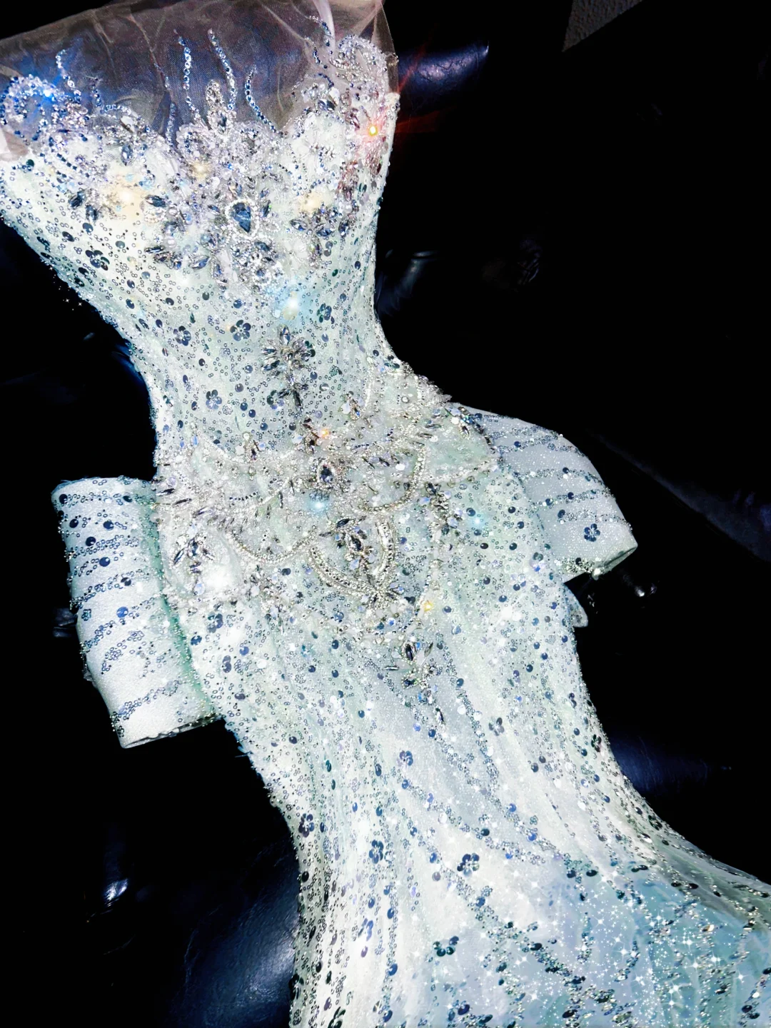 Shiny Mermaid Sequin Tulle Long Sweep Prom Dress Evening Dress with Bow DP2692