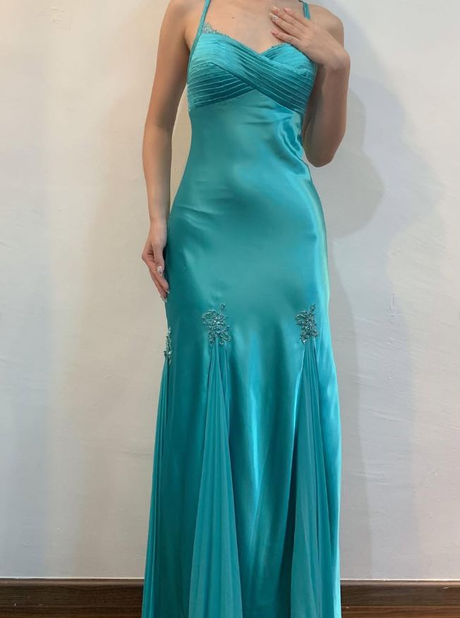 Vintage Mermaid Spaghetti Strap Appliques Blue Satin Prom Dress Evening Dress DP1621